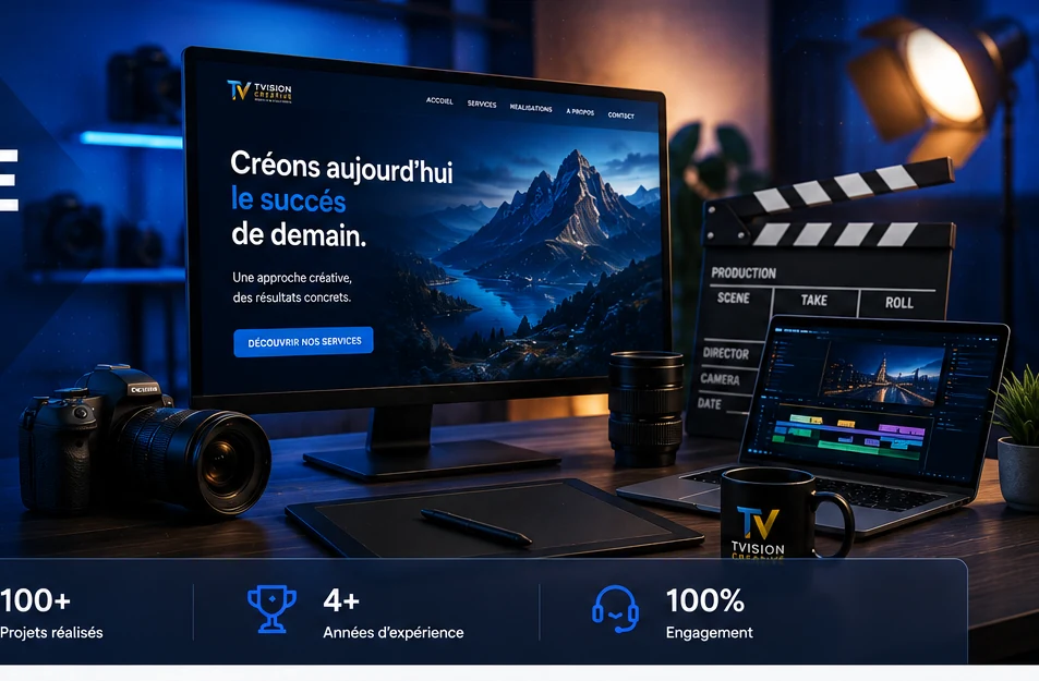 Studio créatif avec ordinateur, appareil photo et matériel de production vidéo